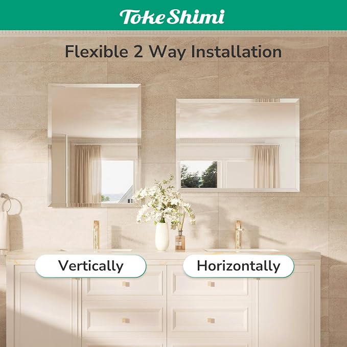 60x36 Frameless Beveled Bathroom Mirror Rectangle, Tempered Rectangle Bathroom Vanity Mirror with 1" Beveled Edge, Shatterproof Modern Mirrored Wall Mounted for Living Room, Restroom