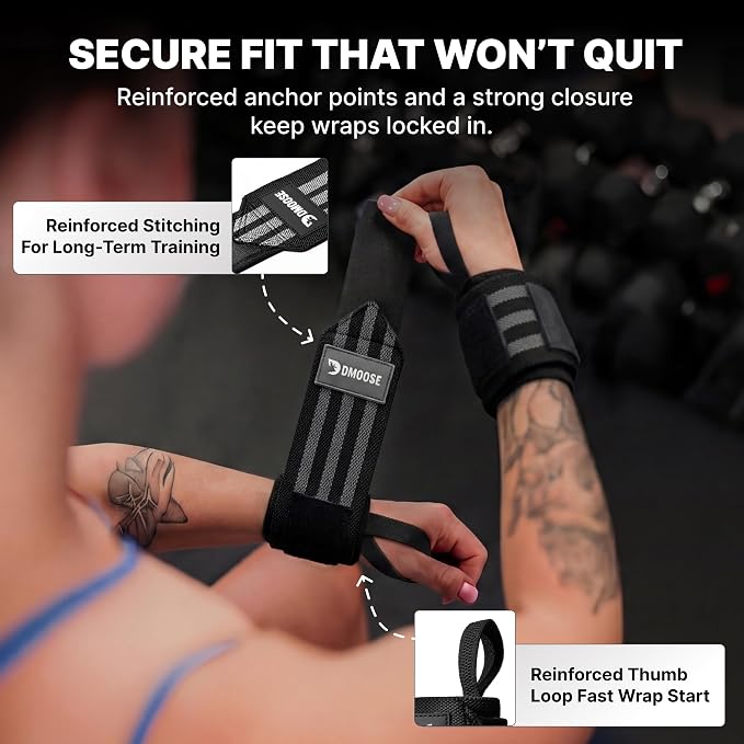 DMoose Fitness Wrist Wraps for Weightlifting 18" - Heavy Duty Gym Wrap with Hand Thumb Loop for Support & Pain Relief, USPA Approved Powerlifting, Weight Lifting Wrist Straps for Men & Women Work Out