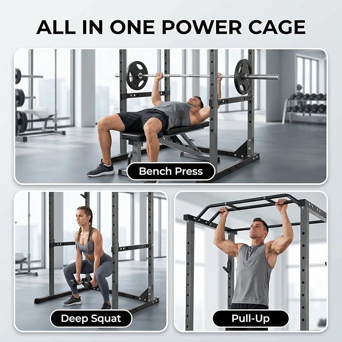 1200lbs Heavy Duty Power Cage, Black Squat Rack with Safety Bars, Adjustable J-Hooks and Safety Arms, Power Rack System for Home Gym, Weightlifting and Cross Training