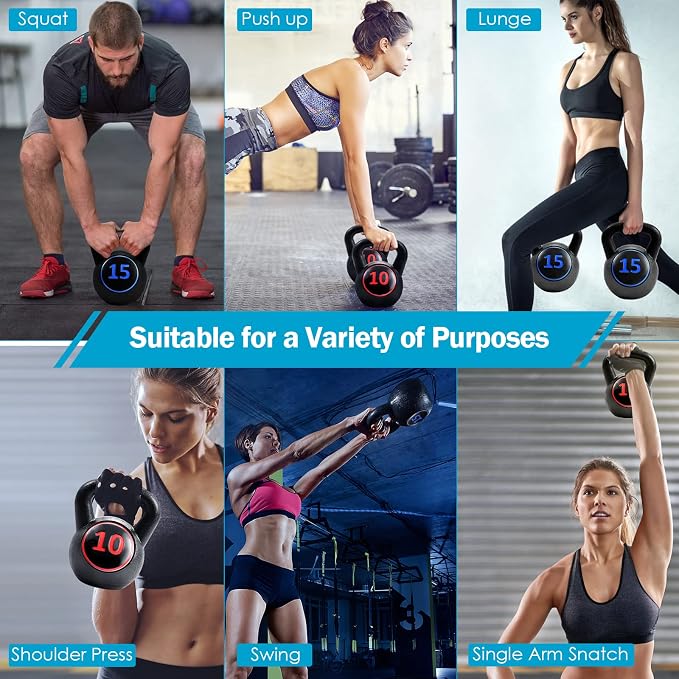 Goplus 3 Pieces Kettlebell Set, 5, 10, 15 lbs HDPE Coated Concrete Fitness Kettle Bells w/Easy Grip Wide Handle, Home Gym Exercise Weights HIIT Workout, Weightlifting, Strength Training, Conditioning