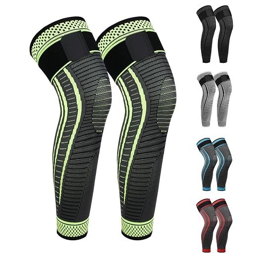 Full Leg Compression Sleeves 2 Pack anti Sliping Ventilation Long Knee Support with Wraps for Men and Women Long Knee Compression Sleeve for ACJ, PCL, Meniscus Tear, Arthritis (XL, Green)