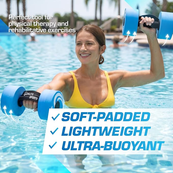 Sunlite Sports Water Weights Pool Exercise Dumbbells, Water Aerobic Equipment, High-Density EVA-Foam Dumbbell with Handle Strip, Aqua Therapy, Pool Fitness, Water Exercise, Set of 2