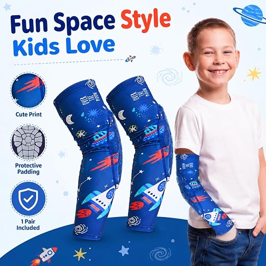 AceList Space Elbow Pads for Kids, Youth Volleyball Arm Sleeves for Boys Girls, Protective Compression Gear for Basketball Football Wrestling, Anti-Slip Stay-Up Protective Gear, 1 Pair (Size XL)
