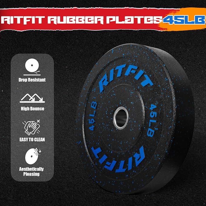 RitFit Bumper Plates, Colored Fleck-Rubber Weight Plates with Steel Insert, 2-inch Olympic Weight Plates for Weight Lifting and Strength Training