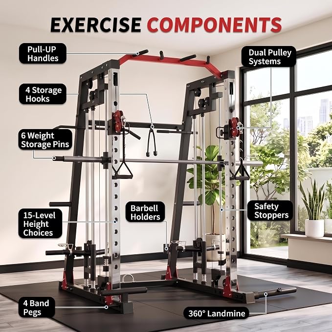 Smith Machine Home Gym – 2200LBS Multi-Function Squat Rack with Smith Bar | Power Cage,LAT Pulldown,Cable Crossover System,Dual Pulley Station,360° Landmine, Heavy Duty Full Body Workout Equipment