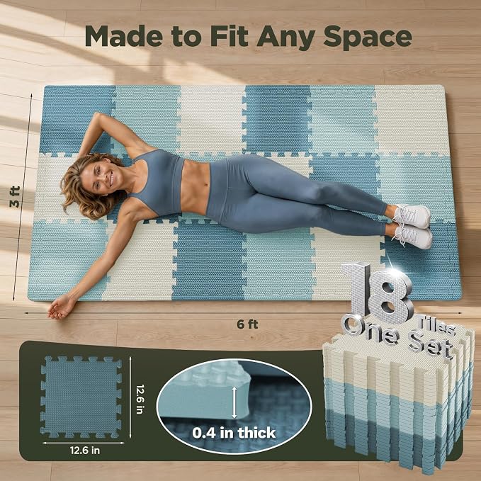 AIRHOP 18 PCS Gym Floor Mat, EVA Foam Puzzle Gym Mat, High-Density Interlocking Foam Floor Tiles for Home Gym, Play Workout Garage Kitchen Flooring 12.6"x12.6"x0.4"