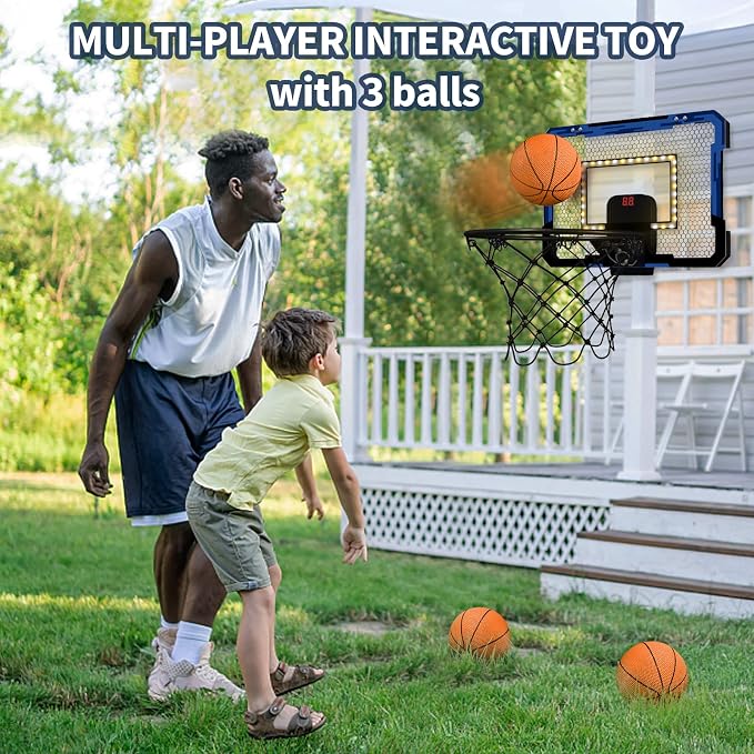 QDRAGON Mini Basketball Hoop with Scoreboard & LED Lighting | Over The Door Indoor, with 3 Balls/Inflator/Breakaway Rim, Basketball Toy Gifts for Kids Adults, Suit for Bedroom/Office
