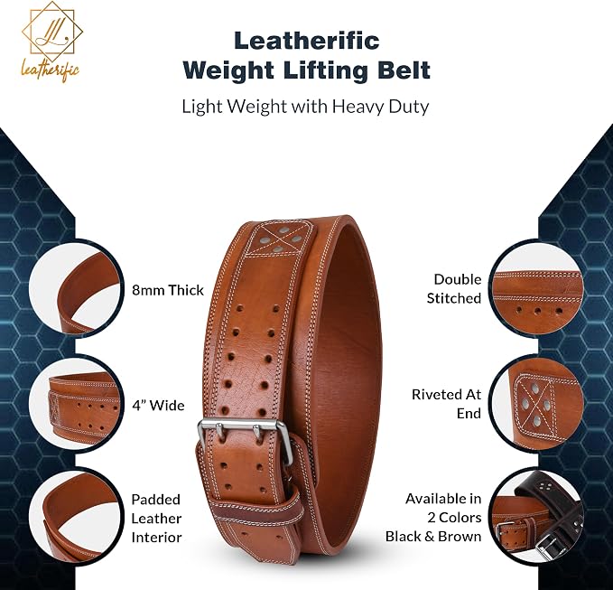 Premium Leather Weight Lifting Belt for Men & Women - 8MM Thick, 4" Wide, Heavy Duty Gym Belt with Steel Buckle for Weightlifting, Powerlifting, Strength Training, Squat or Deadlift Workout, Lower Back Support