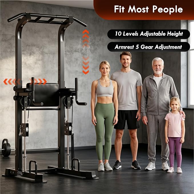 SogesPower Power Tower Multi-Function Pull Up Bar Station for Home Gym | 10-Level Height& 5-Level Armrest Adjustable,2-IN-1 Assisted Pad,Pull Up Dip Station Strength Training Workout Equipment