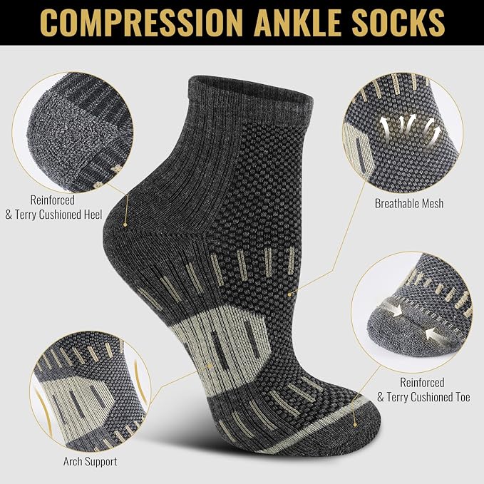 6 Pairs Copper Ankle Compression Socks for Men and Women | Copper Graduated Compression Socks with Terry Cushioning and Arch Support, Breathable Mesh Design, Machine Washable