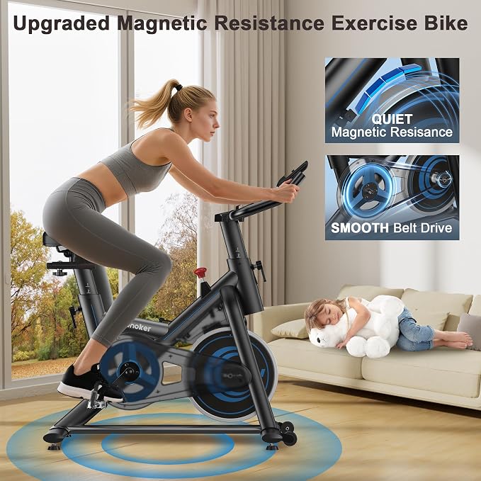 Wenoker Exercise Bike for Home, Magnetic Stationary Bike with App Sync, Indoor Cycling Bike with Adjustable Seat & Handlebar, Quiet Belt Drive, LCD Monitor, Tablet Holder & Transport Wheels for Cardio Workout