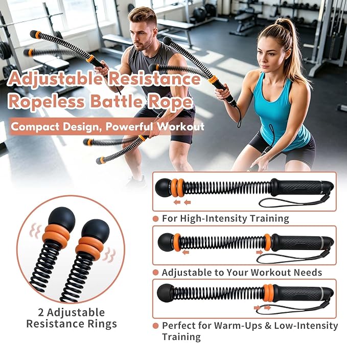 Cordless Battle Ropes for Home Gym – Adjustable Weighted Ropeless Ropes with Non-Slip Handles & Gloves, Portable No-Anchor-Point Workout for HIIT, Strength, Low-Impact Cardio, Men & Women