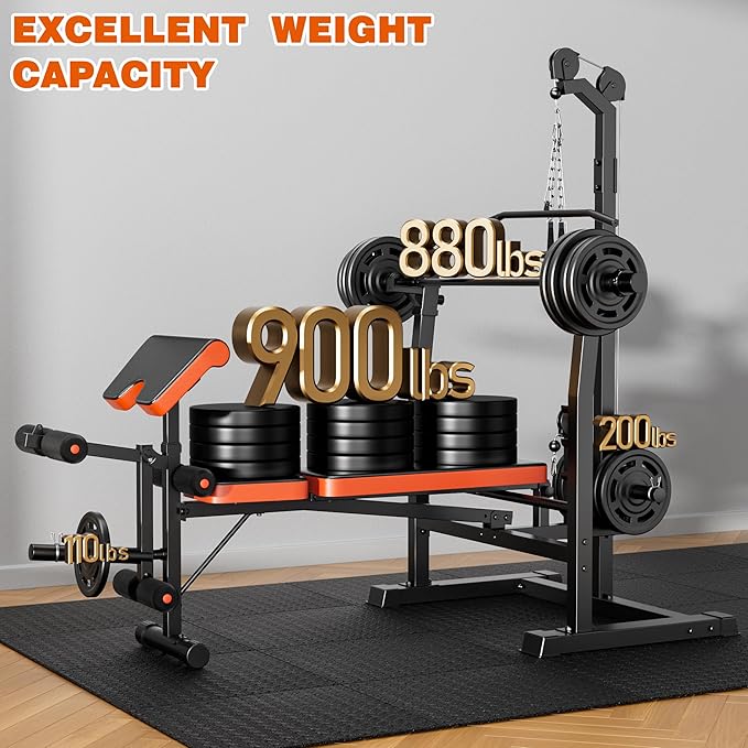XDDIAS 9-in-1 Olympic Weight Bench Set with Lat Pulldown, Rowing, Squat Rack, Leg Extension/Curl, Preacher Pad, 900LB Adjustable Bench Press for Home Gym Weight Lifting Full-Body Workout