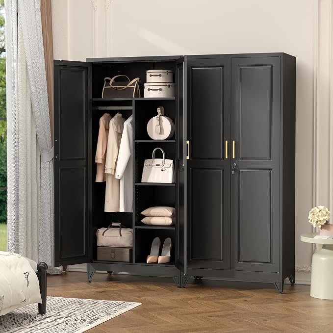 Polup 71" Tall Metal Armoire Wardrobe Closet with Lock | Heavy Duty Steel Clothing Storage Cabinet with Hanging Rod, 3 Adjustable Shelves & 2 Doors for Bedroom, Office, Broom, Black