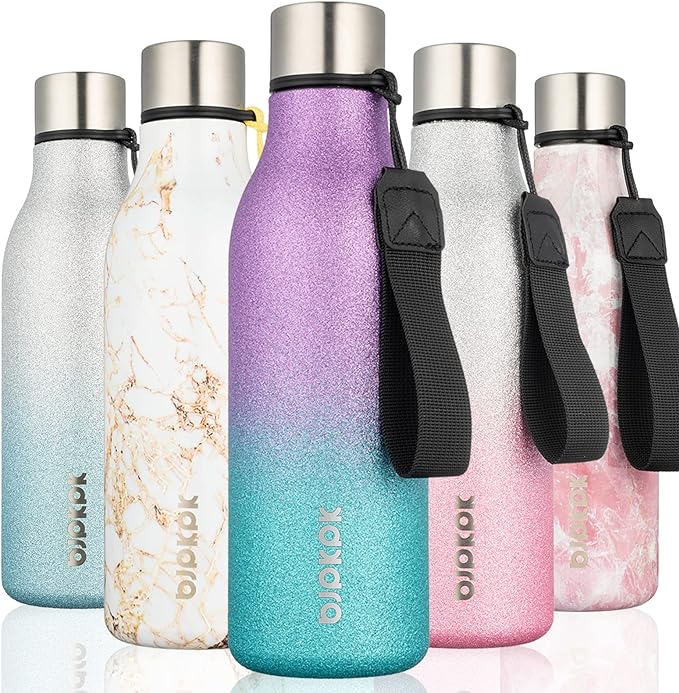BJPKPK 18oz Insulated Water Bottle, Stainless Steel Bottle with Carry Strap | Keep Cold & Hot Vacuum Insulation, Leak-Proof BPA-Free Design, Slim Bottle Fits Most Cup Holders for Gym, Office & Travel