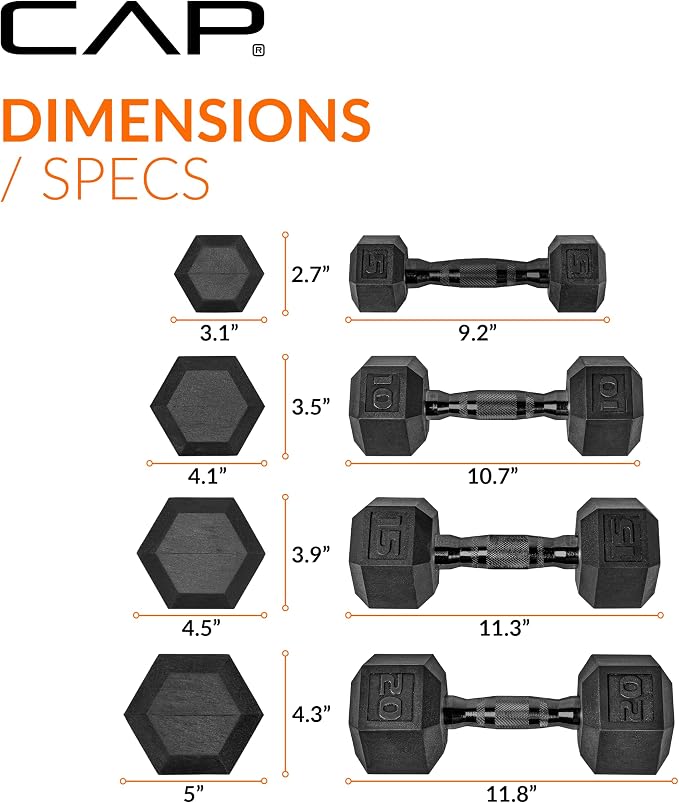 CAP Rubber Coated Hex Dumbbell Set with Storage Rack | 100–210 lb Options, Space-Saving Vertical Compact Storage for Home Gym Strength Training