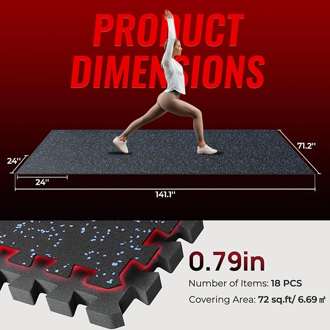 SUPERJARE 0.79'' Extra-Thick Exercise Equipment Mats, 18 Pcs 72 Sq Ft Rubber Top Floor Tiles with High Density EVA Foam, Interlocking Gym Flooring for Home Gym, Workout Mat, Black/Blue
