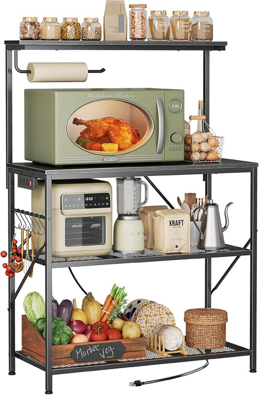 Huuger 4-Tier Bakers Rack with Reversible Power Outlet, 31.5 Inch Microwave Stand, Kitchen Coffee Bar, with Top Shelf, 6 S Hooks, Black