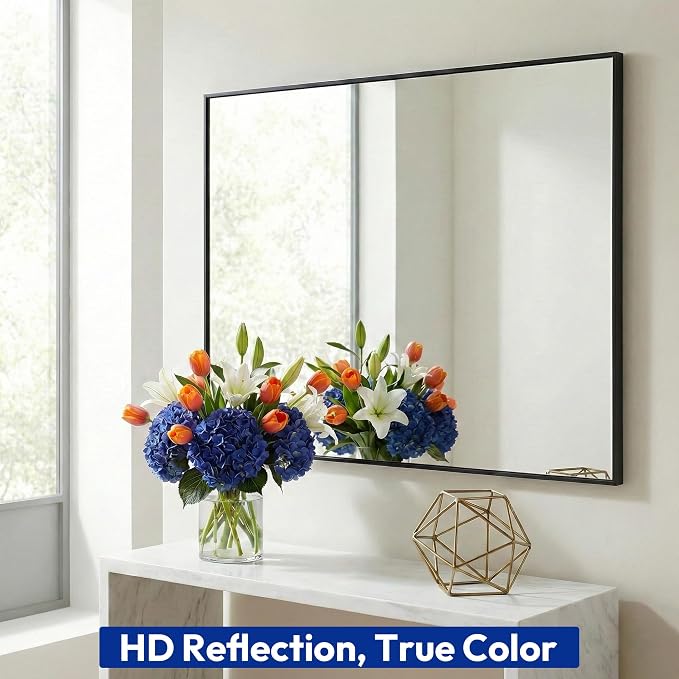 36" x 48" Matte Black Wall Mirror for Bathroom, 48" x 36" Oversized Rectangular Metal Framed Decor, Wide Accent Mirror for Living Room & Vanity