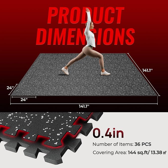 SUPERJARE 0.4'' Thick 36 Pcs 144 Sq Ft Rubber Top Exercise Equipment Mats, High Density EVA Foam Mats with Rubber Top, Interlocking Gym Flooring for Home Gym, Protective Workout Mat, Black/Grey