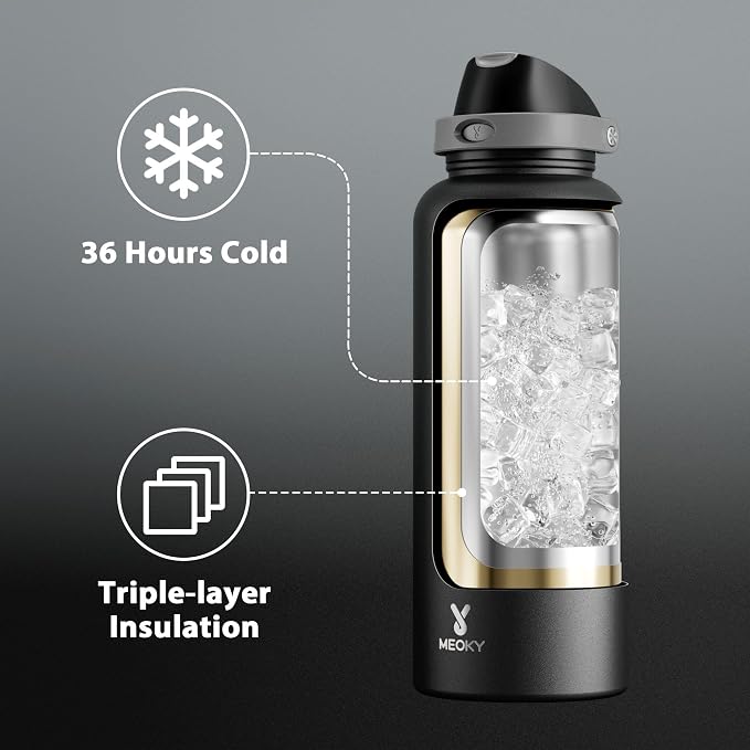 Meoky 64 oz Insulated Water Bottle, Half Gallon Water Jug for Sports Gym | Cold for 36 Hours, 2-in-1 Straw and Spout Lid, Leak Proof, Non-slip Base, Stainless Steel Large Water Bottle, Night