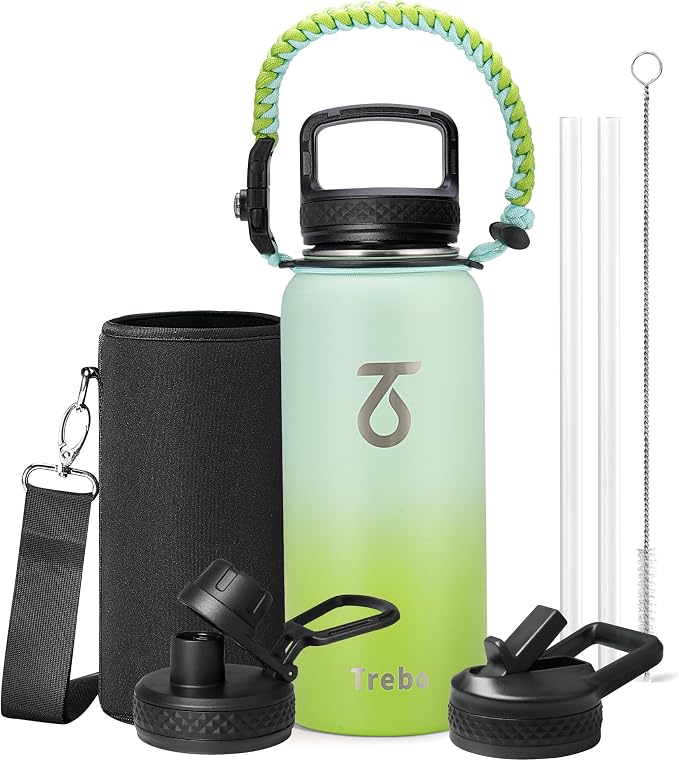 Trebo Insulated Water Bottle 32 oz with 3 Lids, Paracord Handle & Sleeve | Stainless Steel Metal Flask Vacuum, Triple Wall Copper Plated, Dishwasher Safe, Cold 48Hrs for Trail, Hiking, Wide Mouth