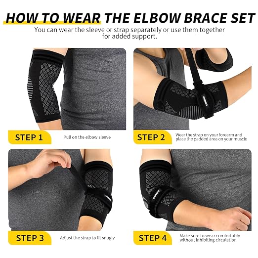 CAMBIVO 2 Elbow Sleeves and 1 Tennis Elbow Strap Set for Tendonitis Relief | Counterforce Pad Targets Extensor Pain, Adjustable Hook-and-Loop Fit, Breathable 3D Knit Sleeve, 2+1 Combo Set, Men & Women