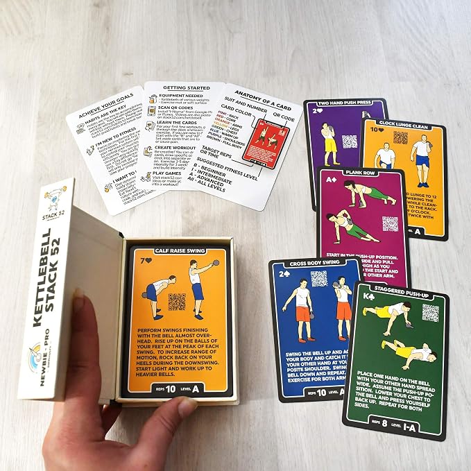 Stack 52 Kettlebell Exercise Card Workout Game | Video Instructions Included. Learn Kettle Bell Moves and Conditioning Drills. Home Fitness Training Program.