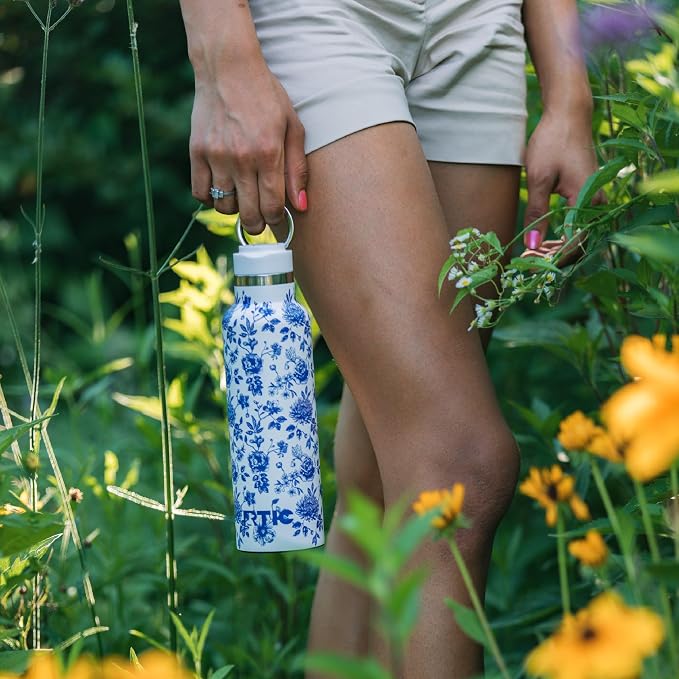 RTIC 20oz Journey Water Bottle Ceramic Lined Metal Stainless Steel Vacuum Insulated, BPA Free, Reusable, for Water, Hot and Cold Drinks, Travel, Sports, Camping, Blue Bouquet