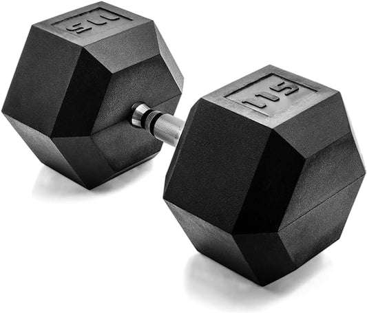 CAP Rubber Coated Dumbbell Weights, Free Weights for Home Gym Strength Training, Anti-Roll Hex Dumbbells with Black, Chrome & Comfort Grip Handles, Singles