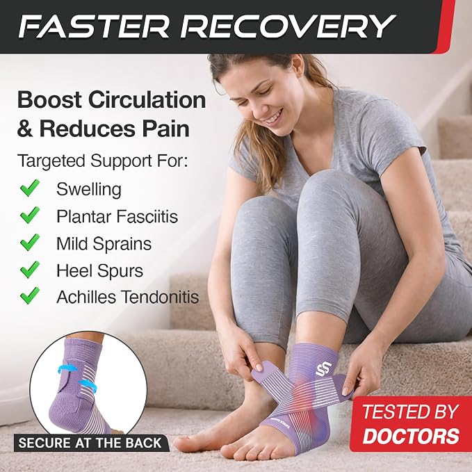 Sleeve Stars Ankle Brace for Women & Men, Ankle Wrap for Sprained Ankle, Compression Sleeve for Plantar Fasciitis Relief, Easy Customizable Support: w/Removable Strap (Pair/M:10"-12"/Light Purple)