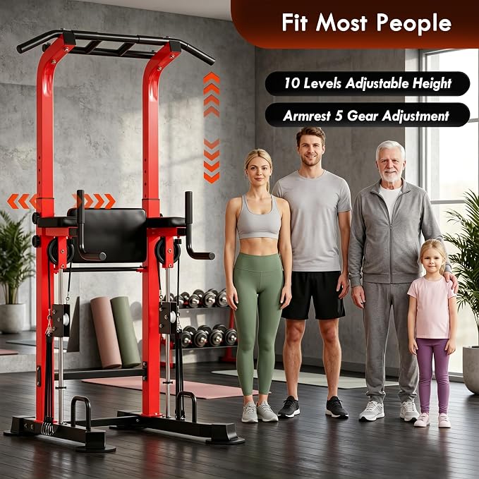 SogesPower Power Tower Multi-Function Pull Up Bar Station for Home Gym | 10-Level Height& 5-Level Armrest Adjustable,2-IN-1 Assisted Pad,Pull Up Dip Station Strength Training Workout Equipment