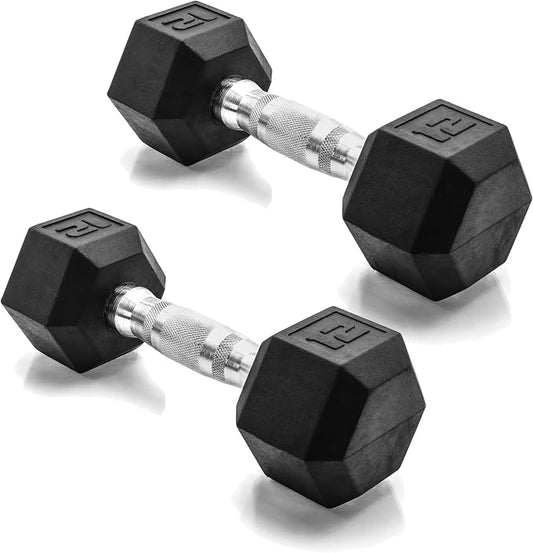 CAP Rubber Coated Dumbbell Weights, Free Weights for Home Gym Strength Training, Anti-Roll Hex Dumbbells with Black, Chrome & Comfort Grip Handles, Pairs & Sets