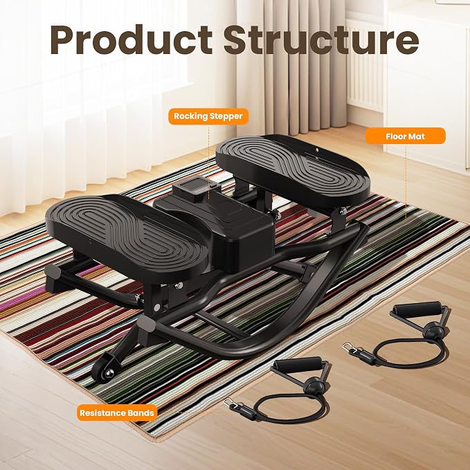 Rock Stepper for Home Exercise, Side-to-Side Mini Stepper with Bands, Low-Impact Cardio for Glutes Legs Core, Quiet LCD Fitness Machine