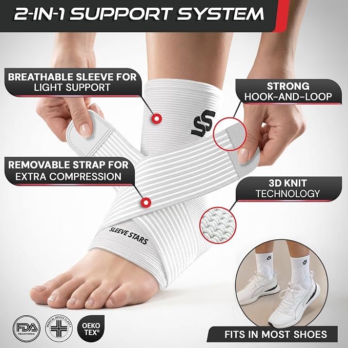 Sleeve Stars Ankle Brace for Women & Men, Ankle Wrap for Sprain, Compression Sleeve for Plantar Fasciitis Relief, Easy Customizable Support: w/ Removable Strap (Pair/M:10"-12"/White)