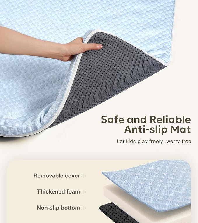 Mallify 1.3" Thick Cooling Baby Play Mat, 50''x50'' Playpen Mat with Removable & Washable Cover, Soft Crawling Playmat for Foor, Non-Slip Backing for Kid, Toddlers and Infants