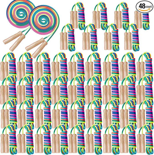 48 Pieces 8.53 ft Adjustable Jump Ropes Rainbow Cotton Skipping Rope Bulk with Wooden Handles for End of The School Year Gifts Graduation Outdoor Exercise