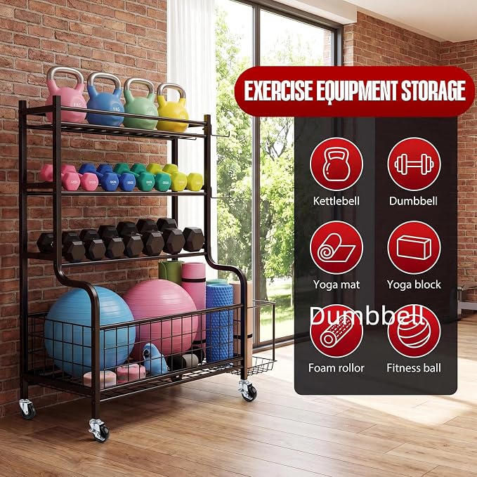 4-Tier Home Gym Storage Rack with Wheels and Hooks, Dumbbell Stand | 340 lbs 4-Tier Dumbbell Rack, Kettlebell Stand and Sports Equipment Organizer for Home Gym, Garage, Apartment