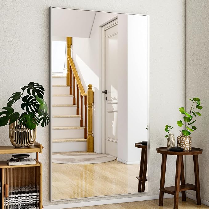 Easly Full Length Mirror with Stand - 38"x77" Full Body Mirror, Floor or Wall, Aluminum Alloy Frame for Living Room, Bedroom, Cloakroom - Silver
