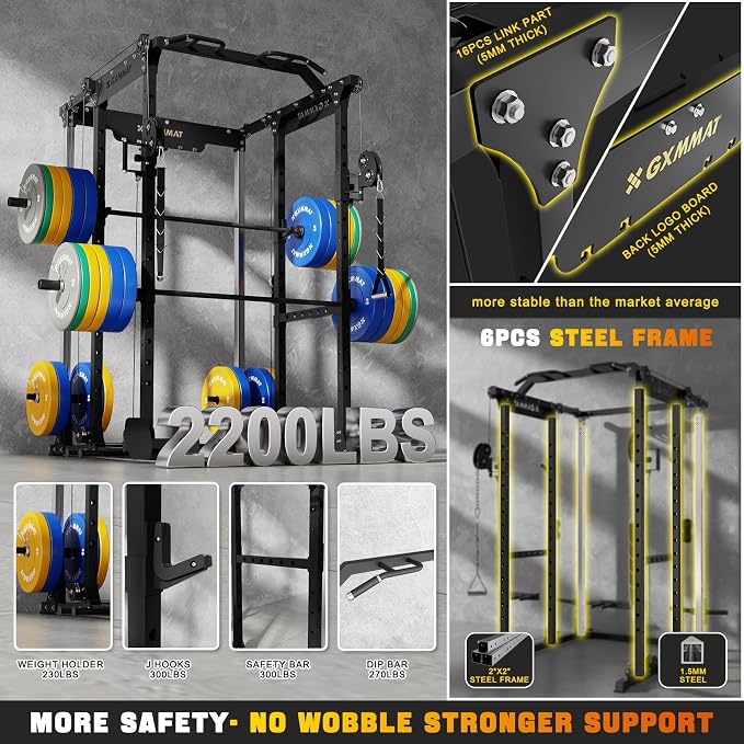 Gxmmat X6 Power Cage, 2200LB Multi-Function Power Rack with Independent Dual Aluminum Pulley System, Squat Rack for Home Gym Strength Training Equipment, Weight Garage Cage with More Attachments