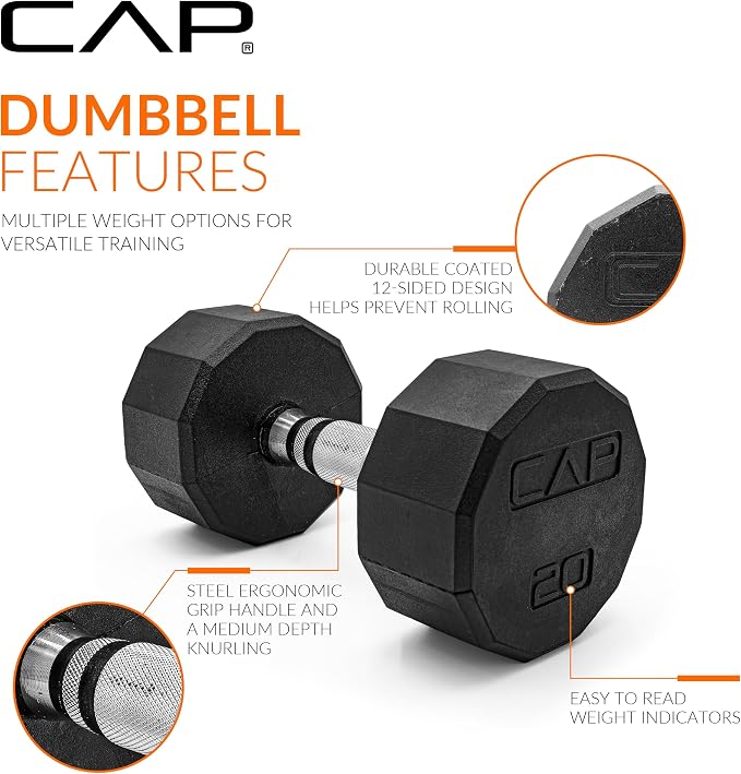 CAP Rubber Coated Hex Dumbbell Set with Storage Rack | 100–210 lb Options, Space-Saving Vertical Compact Storage for Home Gym Strength Training