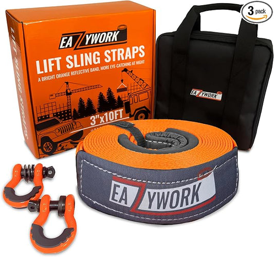 3”x10Ft Super Sturdy Lift Sling Straps 25000 Lbs Breaking Load Capacity Heavy Duty Lifting sling Crane Tree Saver Strap Recovery Straps Tow Strap Pull Hoist 2pcs 3/4 Robust D Ring Shackles+Storage Bag