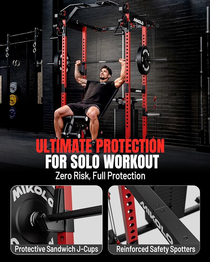 Mikolo K6 2.0 Power Cage, Power Rack with Cable Crossover System, 2000LBS Squat Rack with LAT Pull Down System, Functional Trainer with Aluminum Pulley System for Home Gym