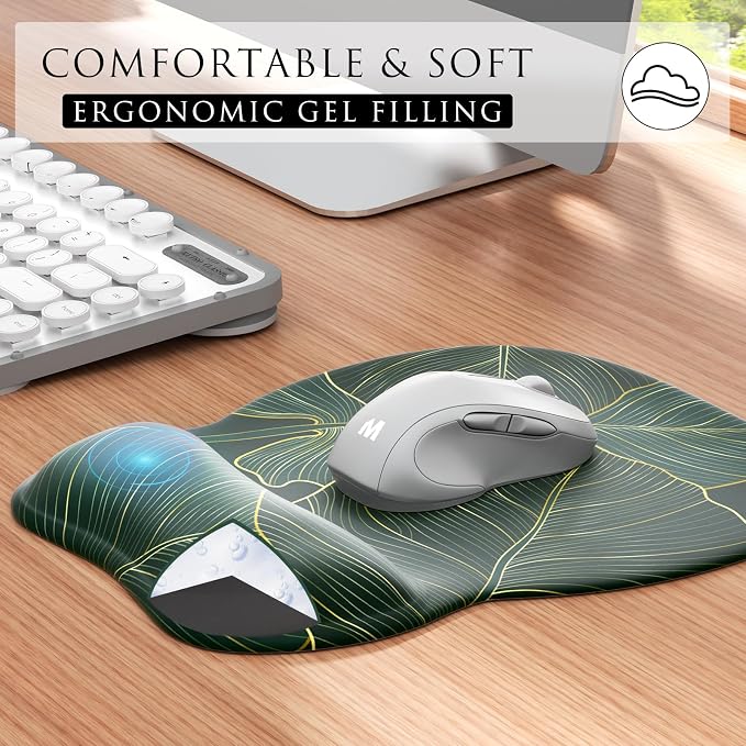 MROCO Ergonomic Mouse Pad with Gel Wrist Rest, 9.4 x 8.1 in, Green Leaves | Ergonomic Shape Design, Multiple Pattern Options, Gel Wrist Comfort, Smooth Lycra Surface, Non-Slip PU Base