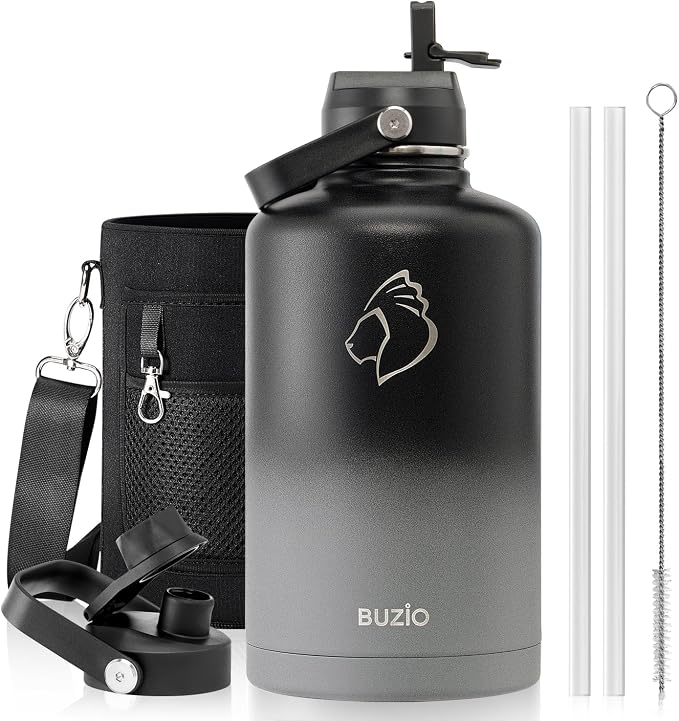BUZIO 87oz Insulated Water Bottle Triple Wall Vacuum Stainless Steel | Half Gallon Water Jug with Straw Spout Lids (Cold for 48 Hrs/Hot for 24 Hrs), Dishwasher Safe, Leakproof, Non-BPA,for Travel