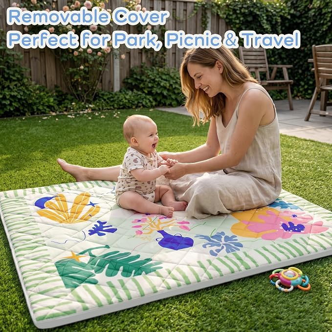 1.6" Thick Baby Play Mat, 71x59 Removable & Machine Washable Cover | Padded Memory Foam, Non-Slip Backing, 100% Baby-Safe Materials, Tummy Time Crawling, Outdoor, Bedroom, Living Room, Nursery