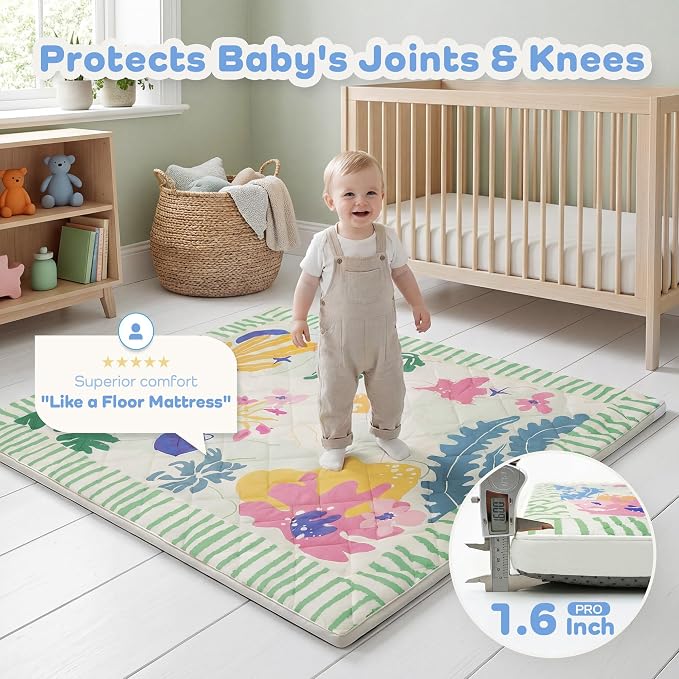 1.6" Thick Baby Play Mat, 50x50 Removable & Machine Washable Cover | Padded Memory Foam, Non-Slip Backing, 100% Baby-Safe Materials, Tummy Time Crawling, Outdoor, Bedroom, Living Room, Nursery