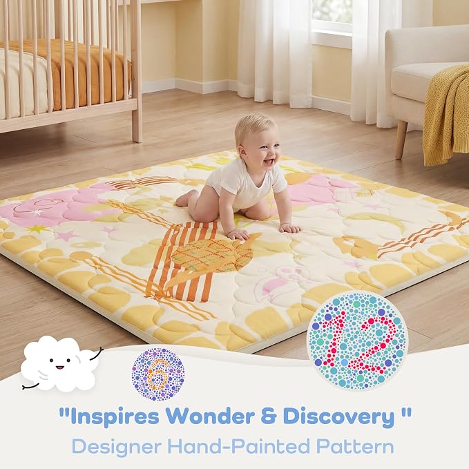 1.6" Thick Baby Play Mat, 50x50 Removable & Machine Washable Cover | Padded Memory Foam, Non-Slip Backing, 100% Baby-Safe Materials, Tummy Time Crawling, Outdoor, Bedroom, Living Room, Nursery