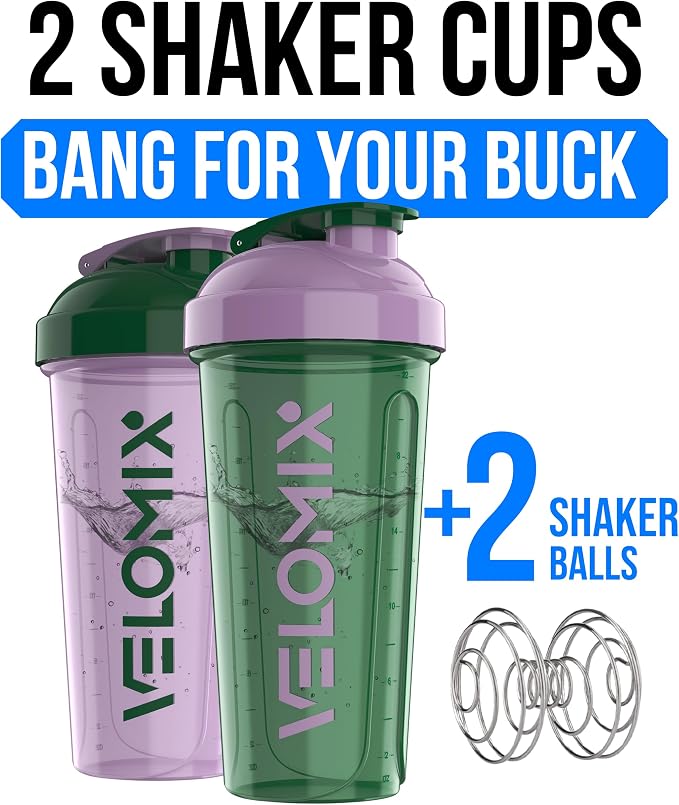 VELOMIX -2 Pack- 28 oz Protein Shaker Bottles for Protein Mixes - 2x Wire Whisk | Leak Proof Shaker Cups for Protein Shakes and Pre Workout | Protein Shaker Bottle Pack (B3) Flower Set