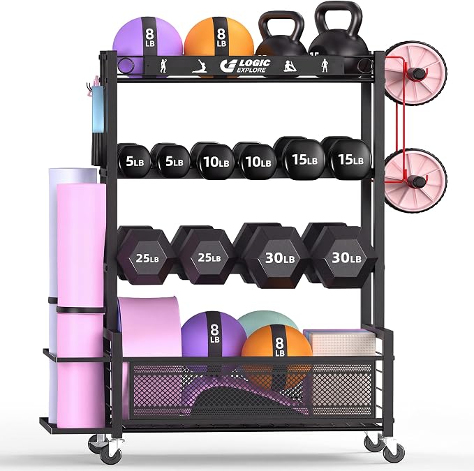 Dumbbell Rack Weight Storage Rack | Adjustable Weight Rack with Wheels, for Home Gym, for Dumbbells, Kettlebells, Yoga Mat, Foam Roller,Workout Equipment